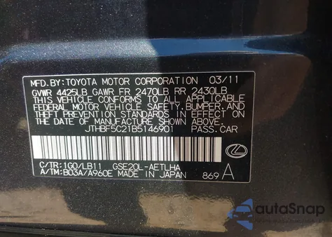 2011 Lexus Is 250 from USA, damaged, VIN JTHBF5C21B5146901